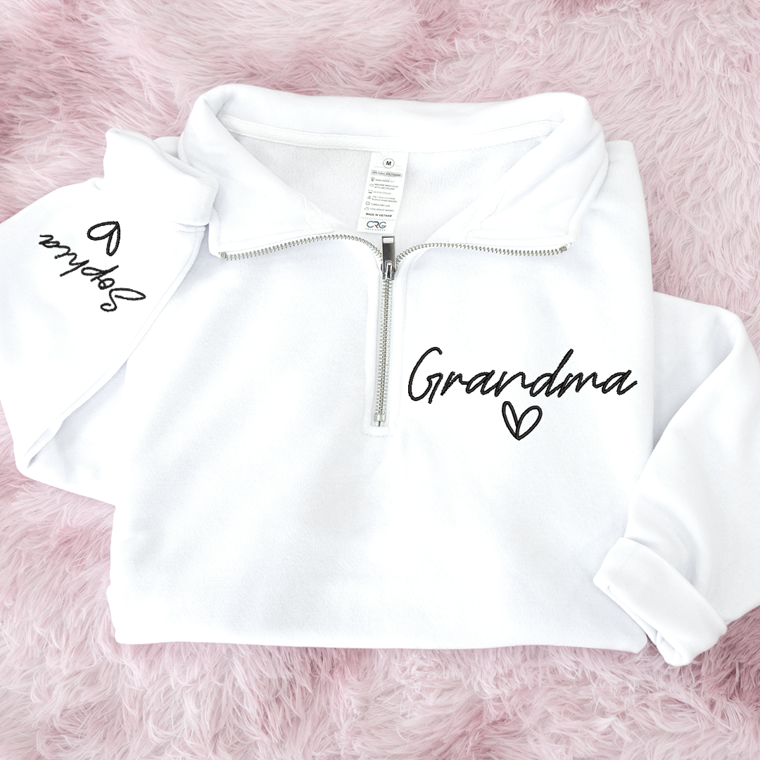 Custom Embroidered Grandma heart Sweatshirt And Grandkids Quarter Zip Sweater