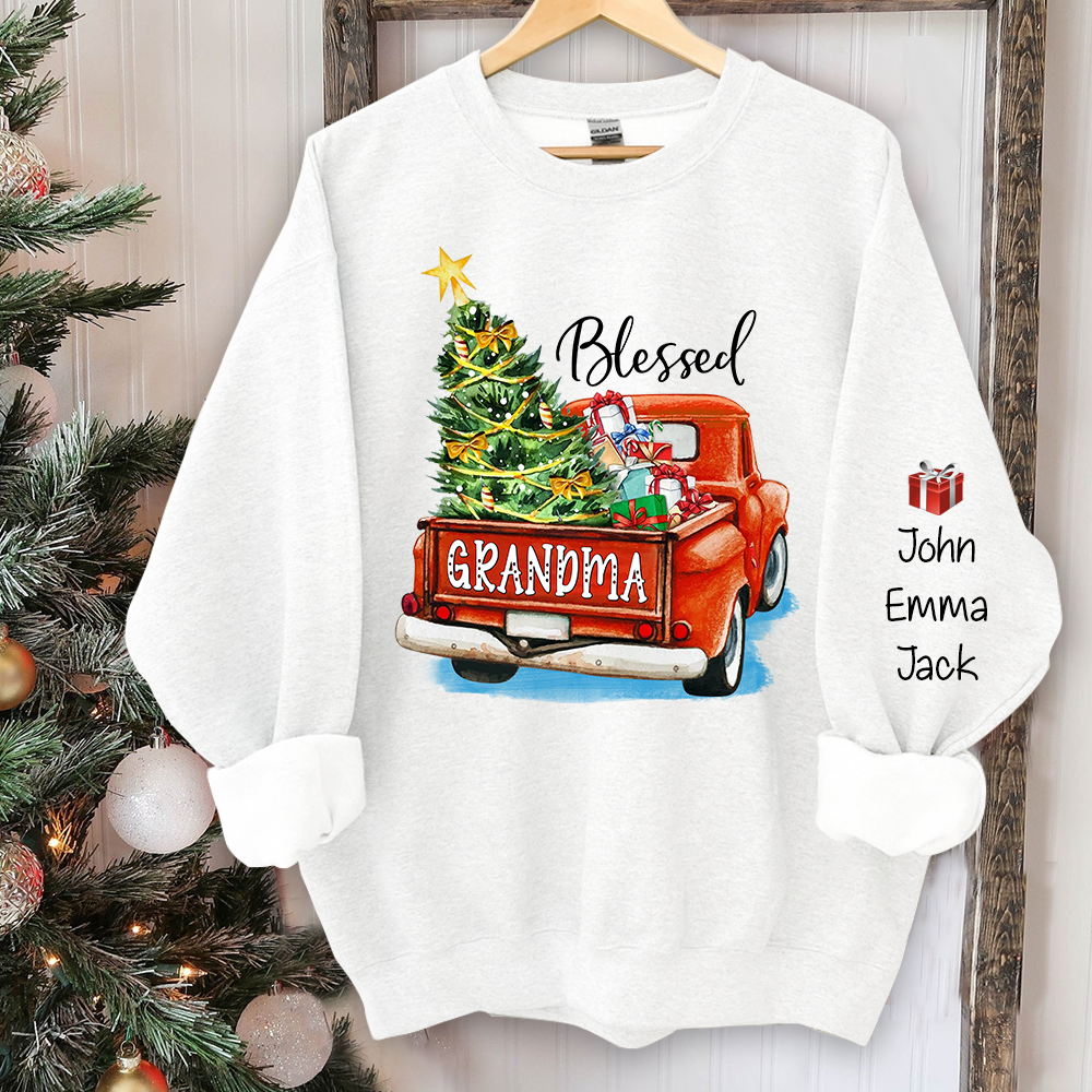 Blessed Grandma Christmas Tree Truck And Grandkids Sweatshirt