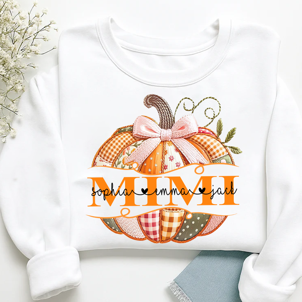 Mimi Pumpkin with Grandkids Name Design – Fall Gift for Grandma Sweatshirt