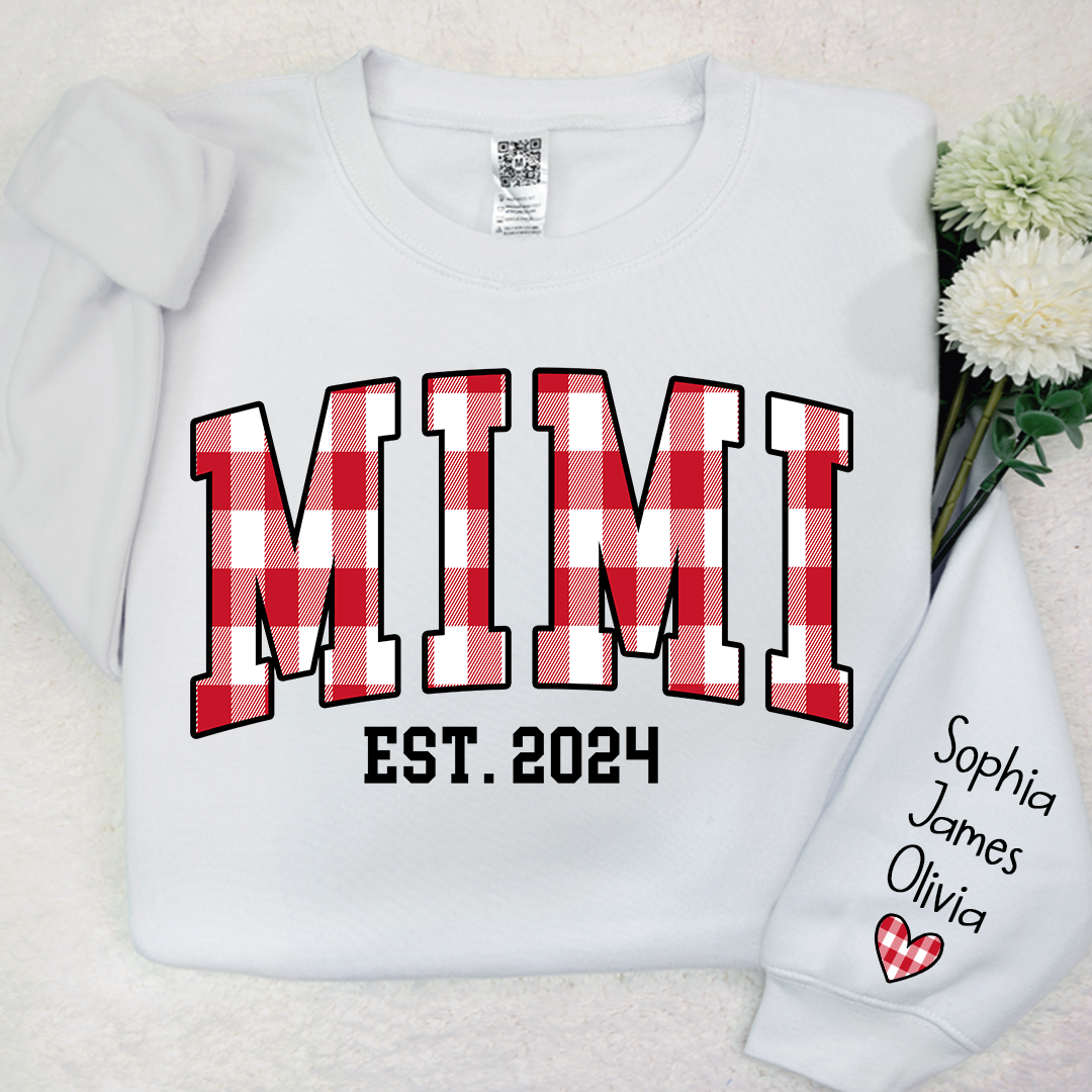 Personalized Nickname Mimi Buffalo Plaid And GrandKids Names Christmas 2024 Sweatshirt