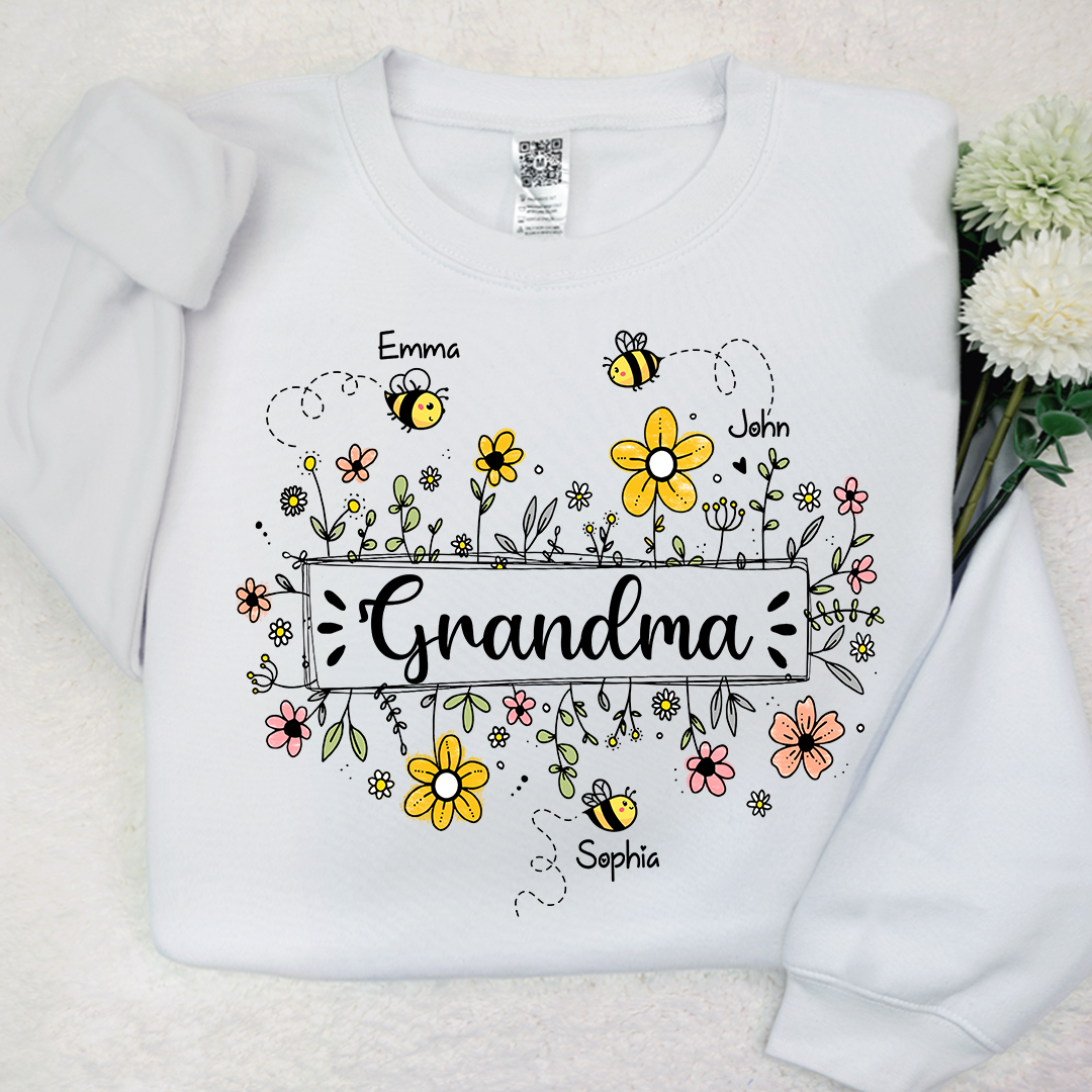 Personalized Grandma Bee Flower And Grandkids Sweatshirt