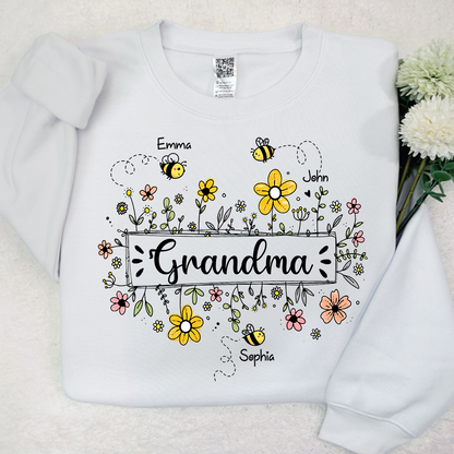 Personalized Grandma Bee Flower And Grandkids Sweatshirt