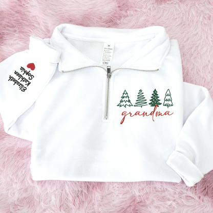 Grandma Tree Merry Christmas Sweatshirt, Grandma And Grandkids Embroidered Quarter Zip Sweater