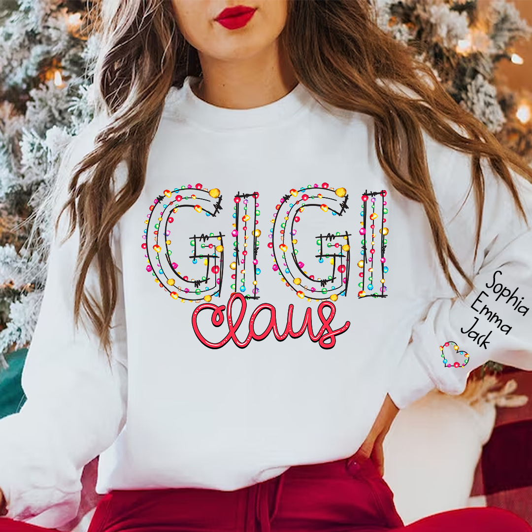 Personalized Gigi Claus Christmas lights And Grandkids Christmas Merry Sweatshirt