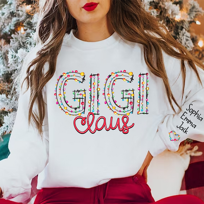 Personalized Gigi Claus Christmas lights And Grandkids Christmas Merry Sweatshirt