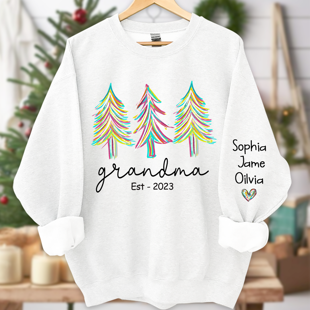 Grandma Est Christmas trees color paint And Grandkids Names Sweatshirt