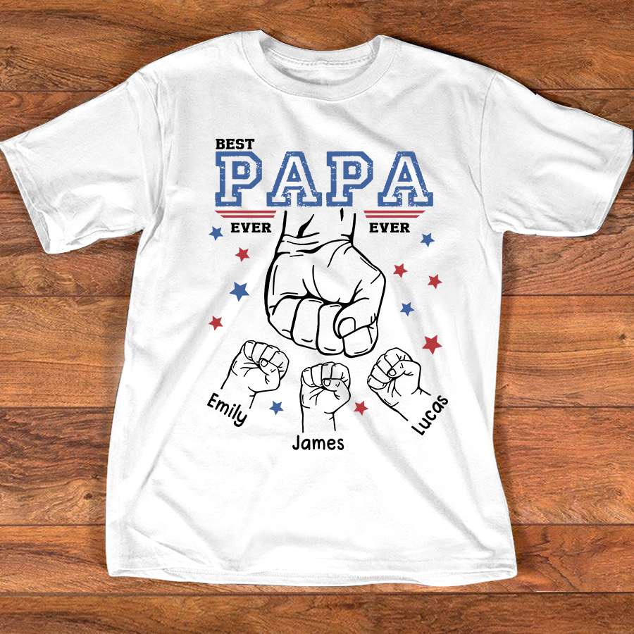 Best Papa Ever Shirt, Personalized Grandpa Fist Bump T Shirt with Kids Names, Custom Papa Papaw Poppy Grandpa Gift for Father's Day Birthday Tee