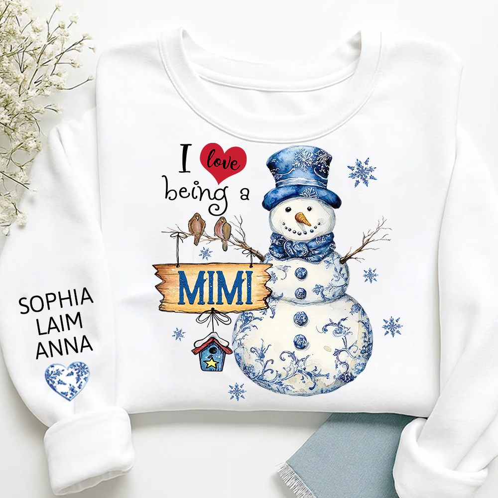 Personalized I Love Being a Mimi Snowman blue toile Sweatshirt and Grandkids Name Winter Design