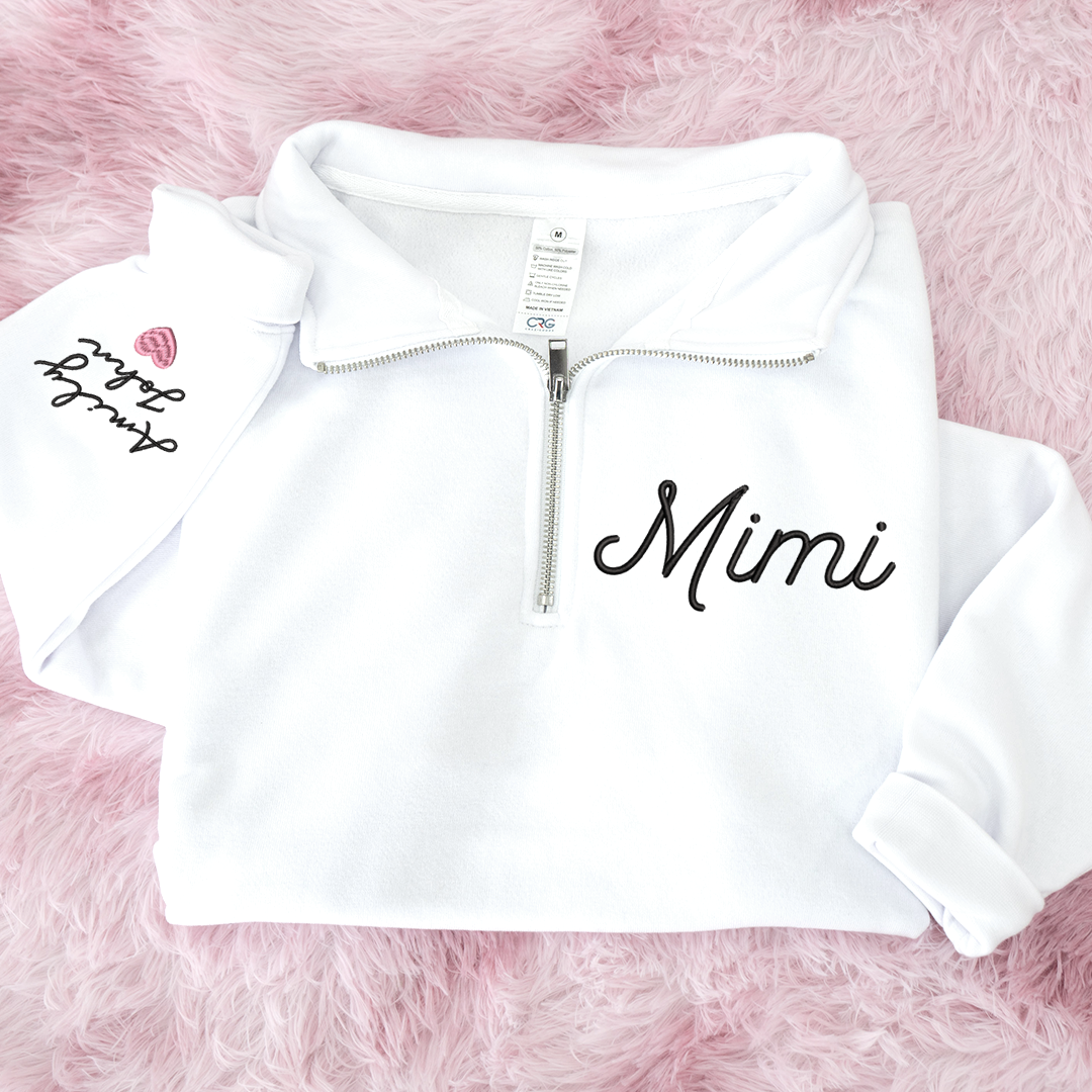 Mimi heart Pink Sweatshirt, Mimi And Grandkids Embroidered Quarter Zip Sweater