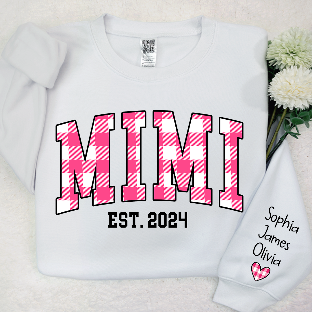 Custom Nickname Mimi Buffalo Plaid Pink And GrandKids Names Christmas 2024 Sweatshirt