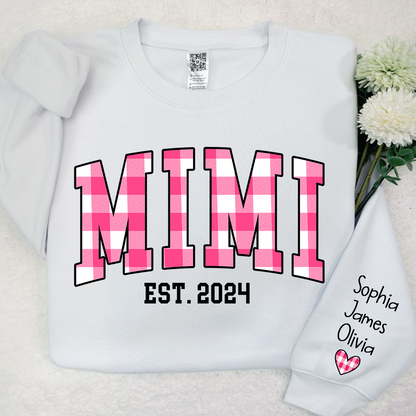 Custom Nickname Mimi Buffalo Plaid Pink And GrandKids Names Christmas 2024 Sweatshirt