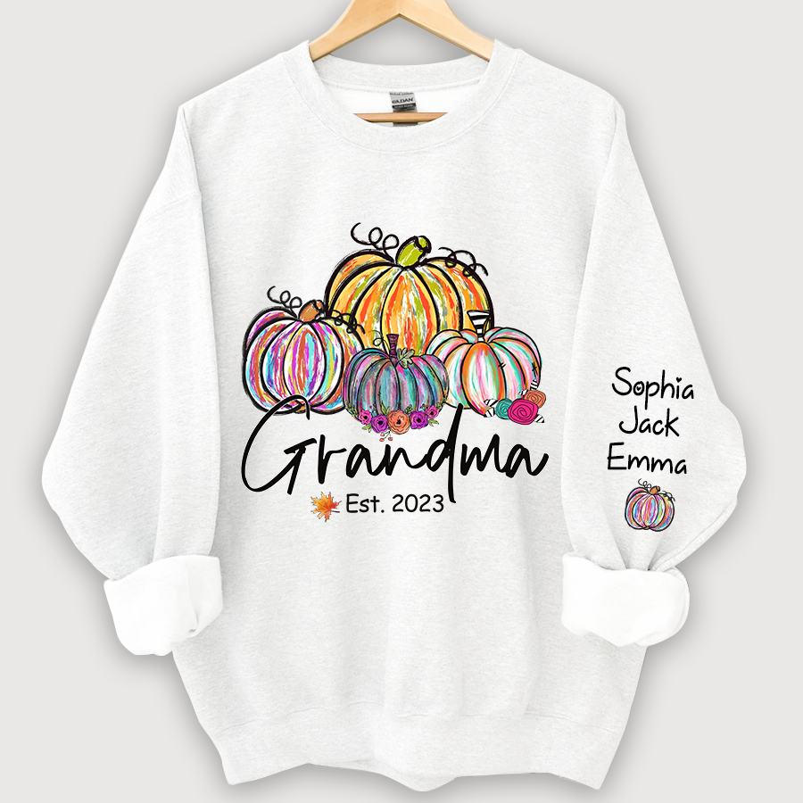 Personalized Grandma Est Painted Color Pumpkin And Grandkids Autumn Sweatshirt
