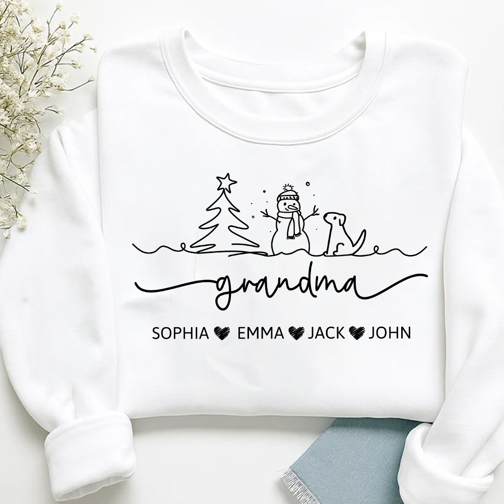 Grandma Snowman Dog Line Drawing And Grandkids Merry Christmas Sweatshirt