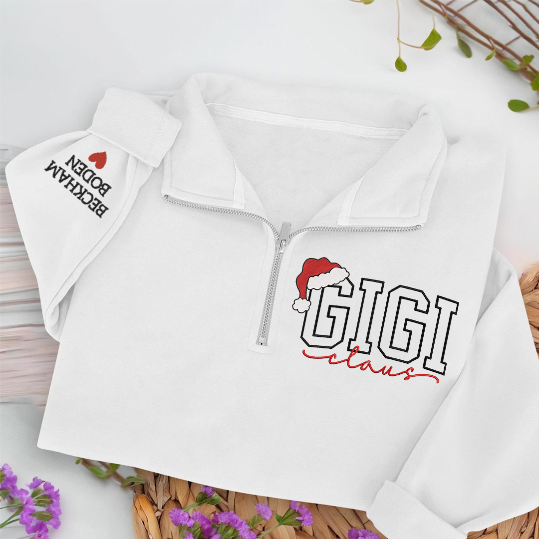 Custom Embroidered Gigi claus Sweatshirt And Grandkids Quarter Zip Sweater