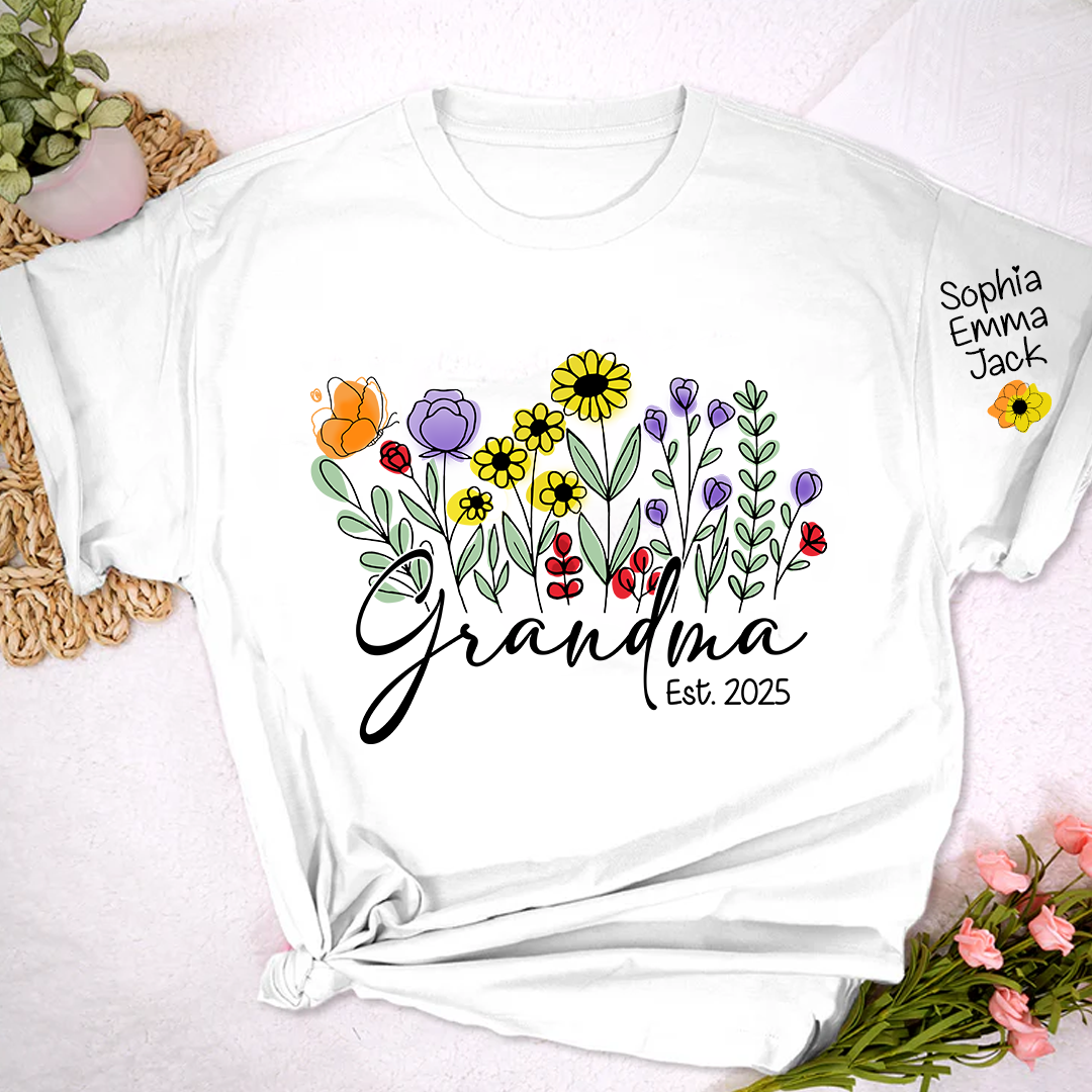 Grandma Est Flower Gift For Family T shirt, Custom Grandma And Kids