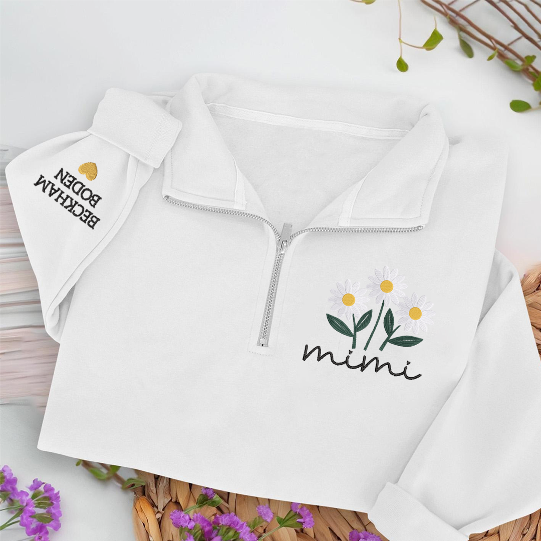 Embroidered Mimi daisy flower Sweatshirt And Grandkids Quarter Zip Sweater