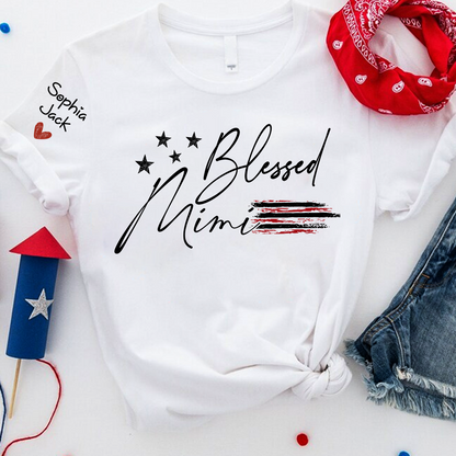 Personalized Blessed Mimi Flag American T-shirt, Custom Family Nickname Shirt with USA Flag Design for 4th of July, Perfect for Nana, Gigi, Grandma