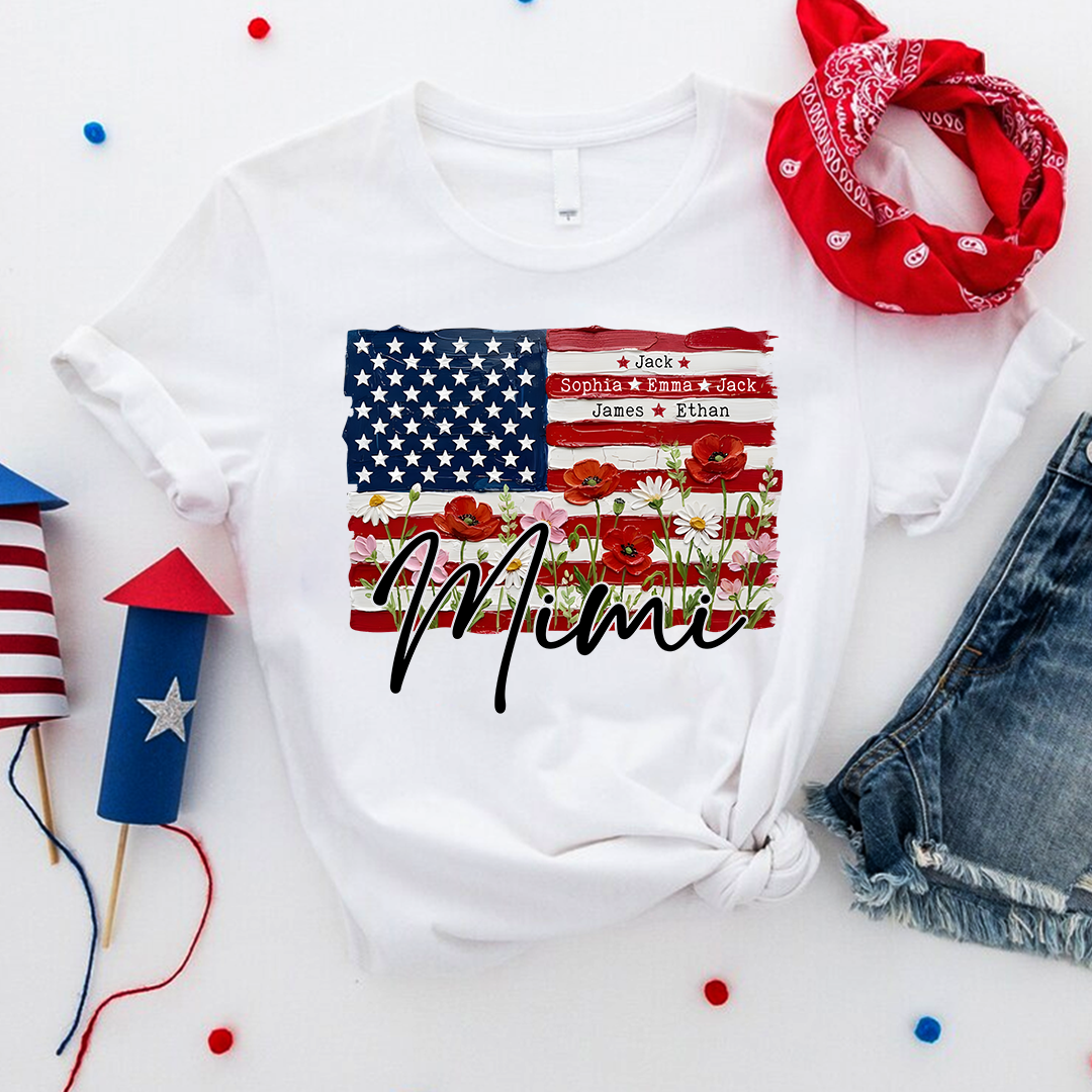 Personalized Patriotic USA Flag Floral Mimi T-shirt, Custom Family Names T Shirt, Perfect for Nana, Gigi, Grandma