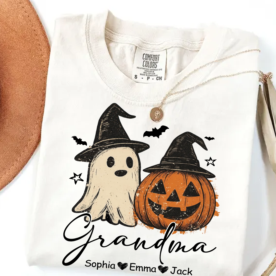 Comfort Colors® Grandma Floral Pumpkin, Ghost Pumpkin And Grandkids T-Shirt