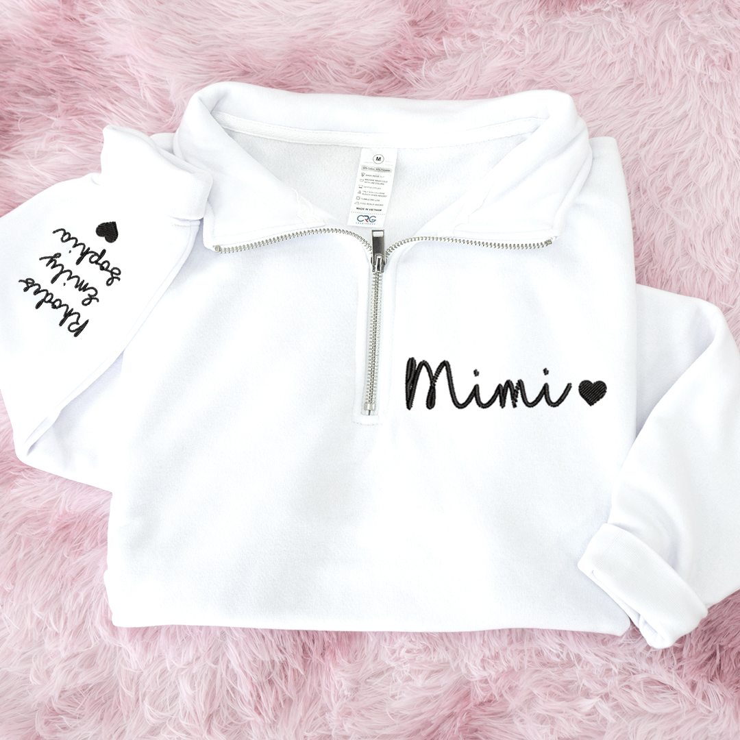 Personalized Mimi Heart Sweatshirt, Mimi And Grandkids Embroidered Quarter Zip Sweater
