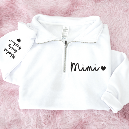 Personalized Mimi Heart Sweatshirt, Mimi And Grandkids Embroidered Quarter Zip Sweater