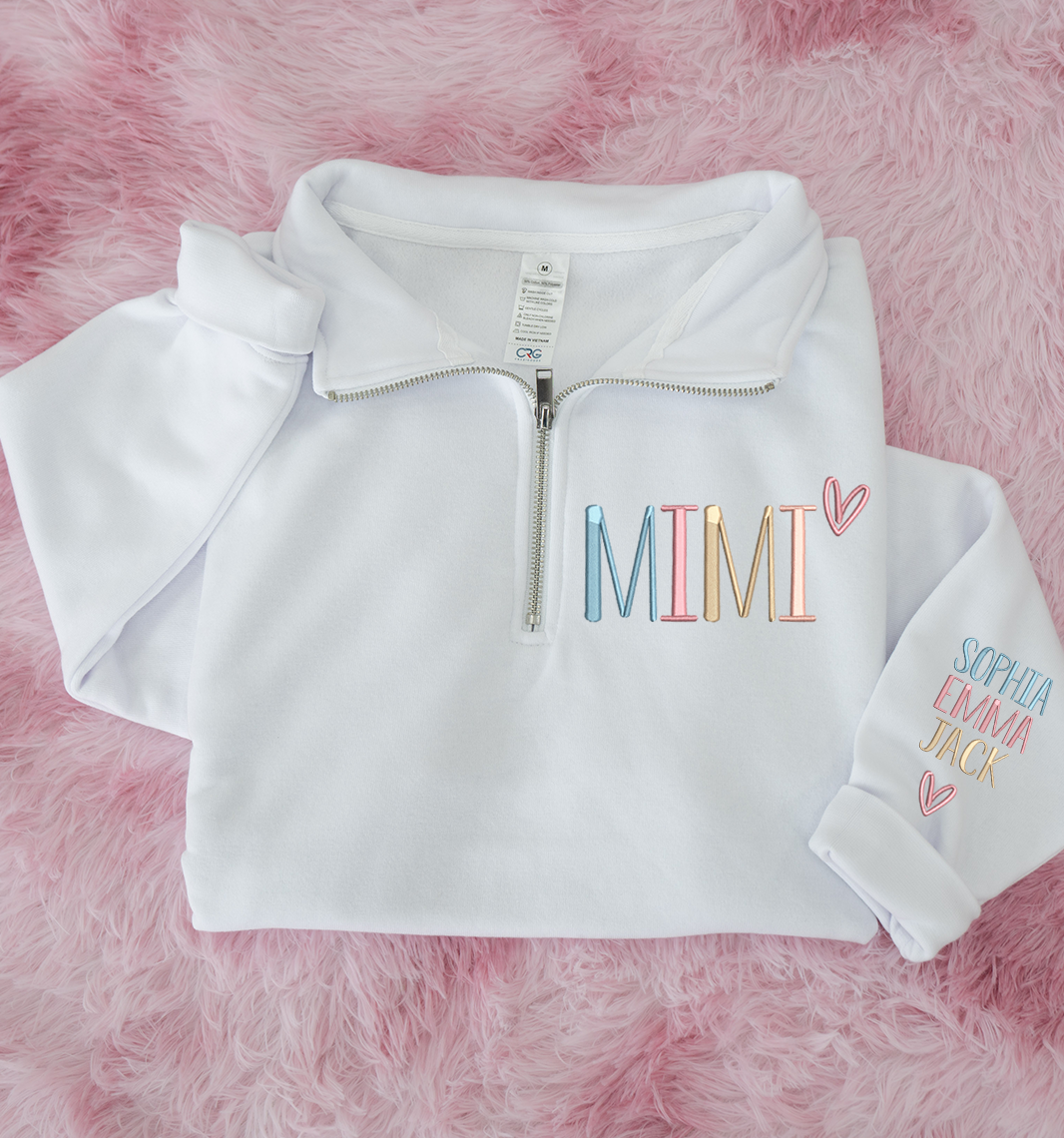 Mimi color Heart Sweatshirt, Personalized Mimi Embroidered Quarter Zip Sweater