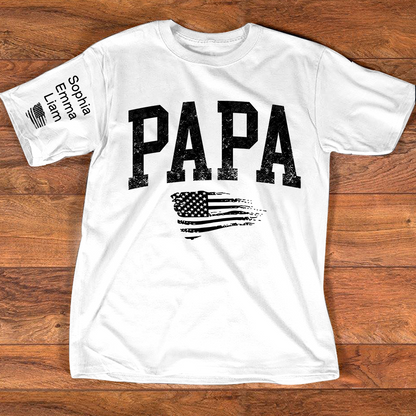 Personalized Papa Shirt with Grandkids Names, Patriotic Flag Custom Sleeve Tee, Fathers Day Birthday Gift for Grandpa