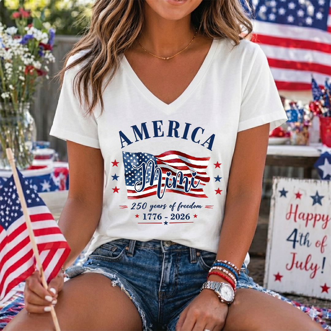 Personalized Mimi America 250 Years of Freedom V-Neck Shirt, Patriotic American Flag Shirt, 1776 2026 USA Celebration, Independence Day Birthday Gift for Mimi Nana Gigi