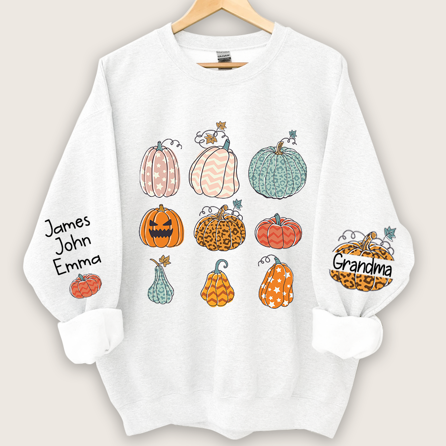 Personalized Grandma Pumpkin Varieties And Grandkids Names Sweatshirt