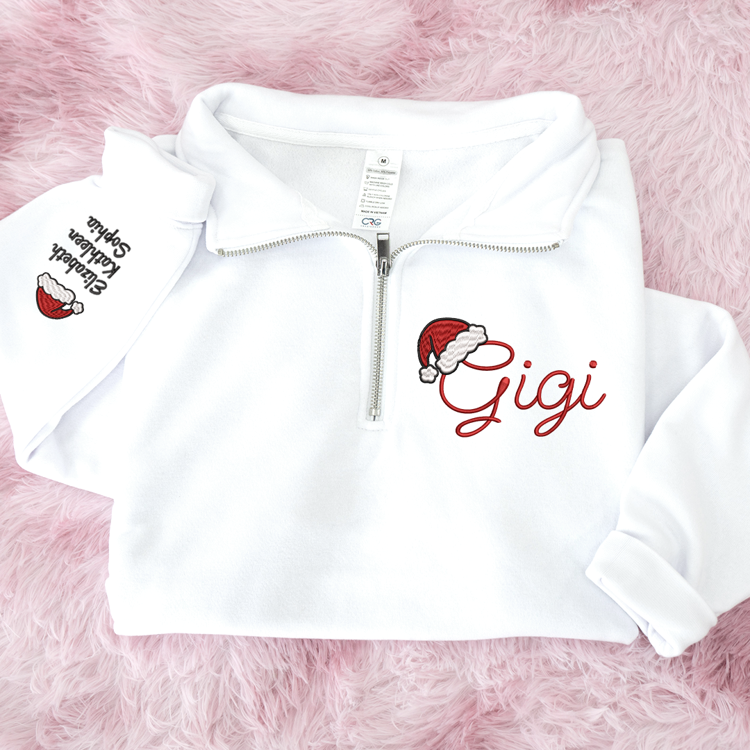 Gigi hat santa Merry Christmas Sweatshirt, Grandma And Grandkids Embroidered Quarter Zip Sweater