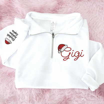 Gigi hat santa Merry Christmas Sweatshirt, Grandma And Grandkids Embroidered Quarter Zip Sweater