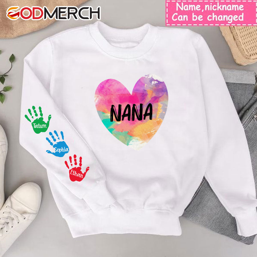 Personalized Grandma and Grandkids Hands Colorful, Grandma Grammy Mom Nana Mama Abuela And Grandkids, Hearts, Valentine's Day, Mother's Day Sweatshirt
