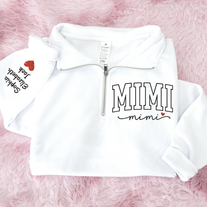 Personalized Mimi Sweatshirt, Mimi Heart And Grandkids Embroidered Quarter Zip Sweater