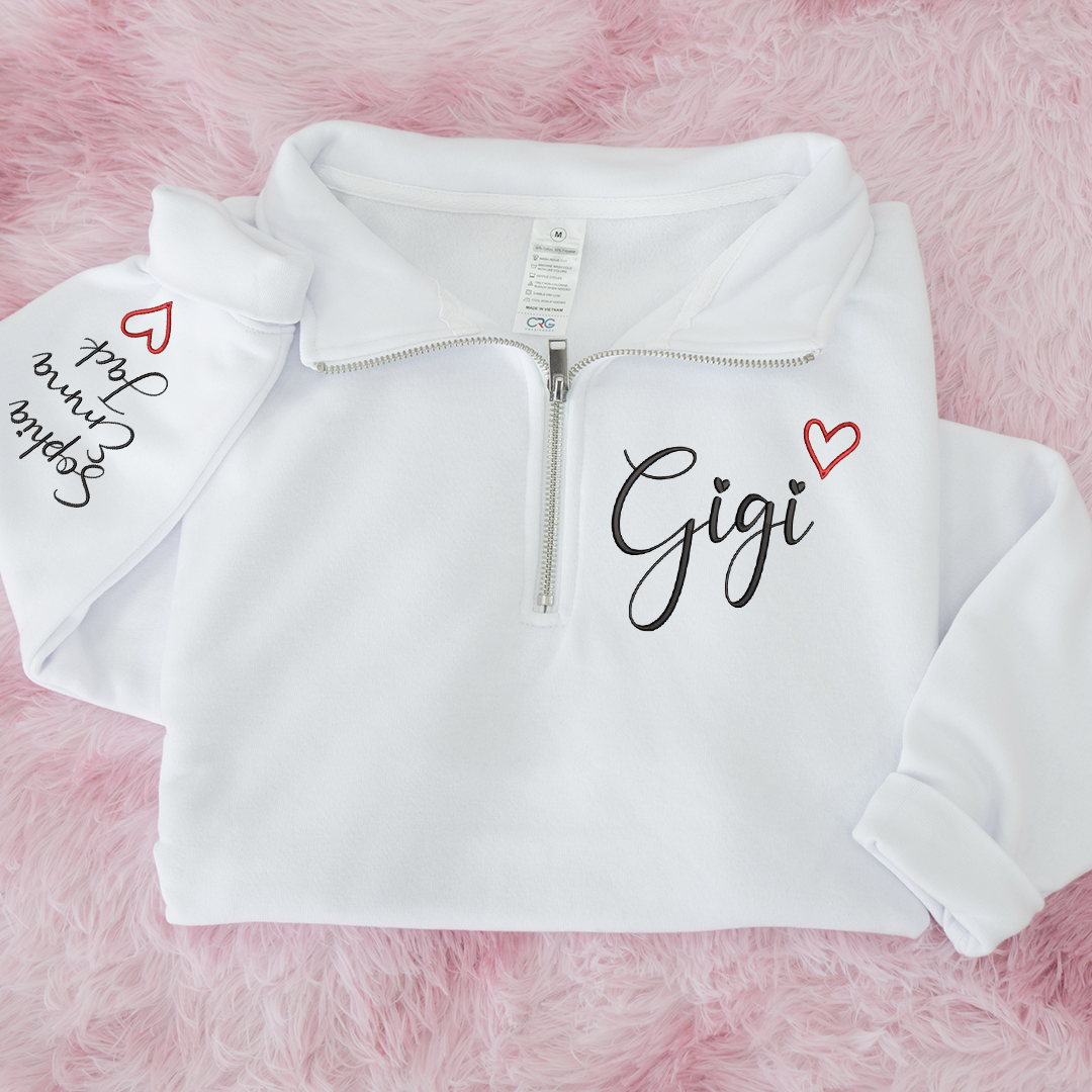 Gigi Heart Sweatshirt, Personalized Gigi Embroidered Quarter Zip Sweater