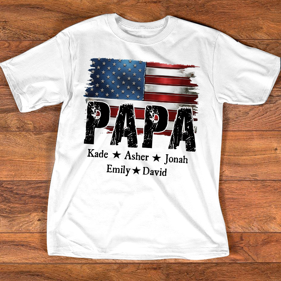 Personalized Papa Shirt Custom Kids Names Patriotic USA Flag, Custom Family Nickname for Dad Grandpa Birthday Father's Day Gift