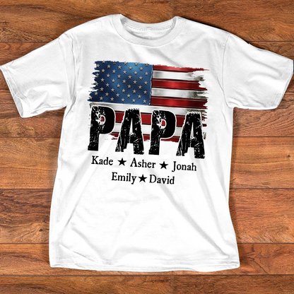Personalized Papa Shirt Custom Kids Names Patriotic USA Flag, Custom Family Nickname for Dad Grandpa Birthday Father's Day Gift