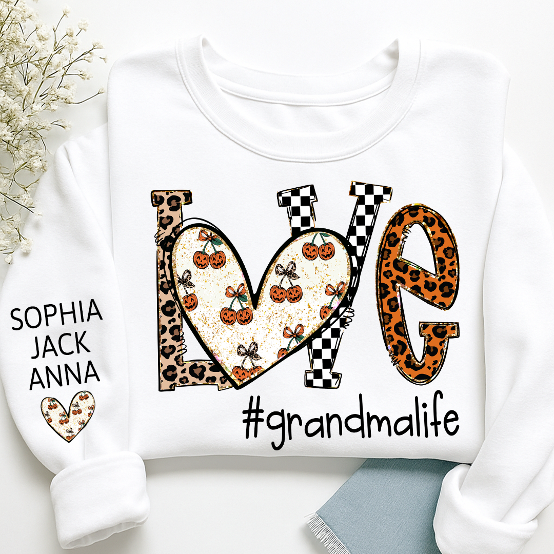 Love grandmalife Pumpkin Leopard Gift For Grandma And Grandkids Names on Sleeve Sweatshirt
