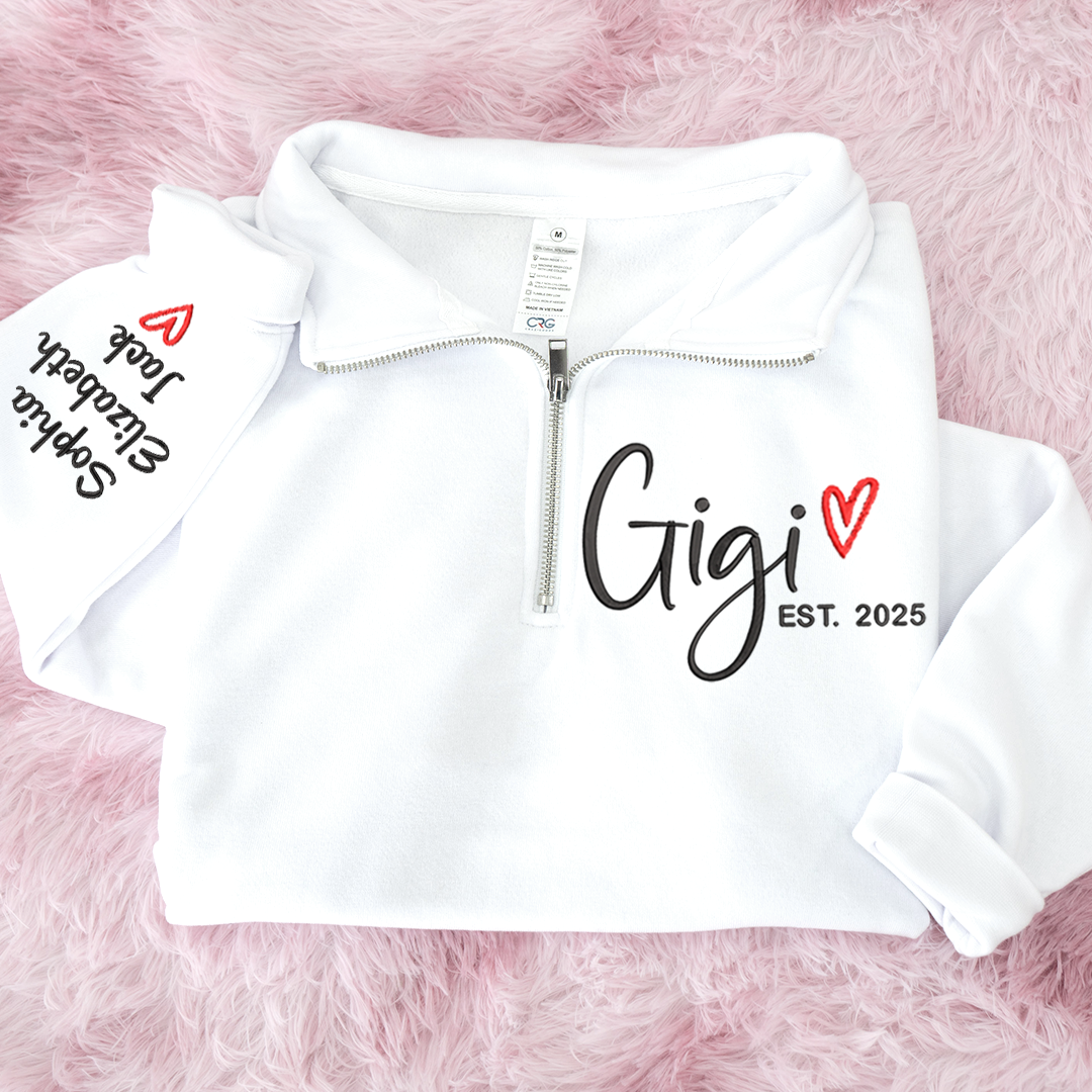 Custom Gigi Heart Est Sweatshirt, Personalized Gigi And Grandkids Embroidered Quarter Zip Sweater