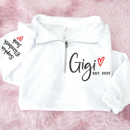 Custom Gigi Heart Est Sweatshirt, Personalized Gigi And Grandkids Embroidered Quarter Zip Sweater
