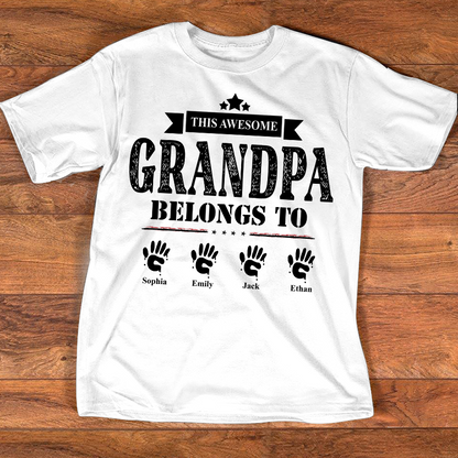 This Awesome Grandpa Belongs to Kids Shirt, Personalized Papa Tee with Kids Names, Patriotic Dad Shirt, Custom Grandpa Gift, 4th of July Family Shirt