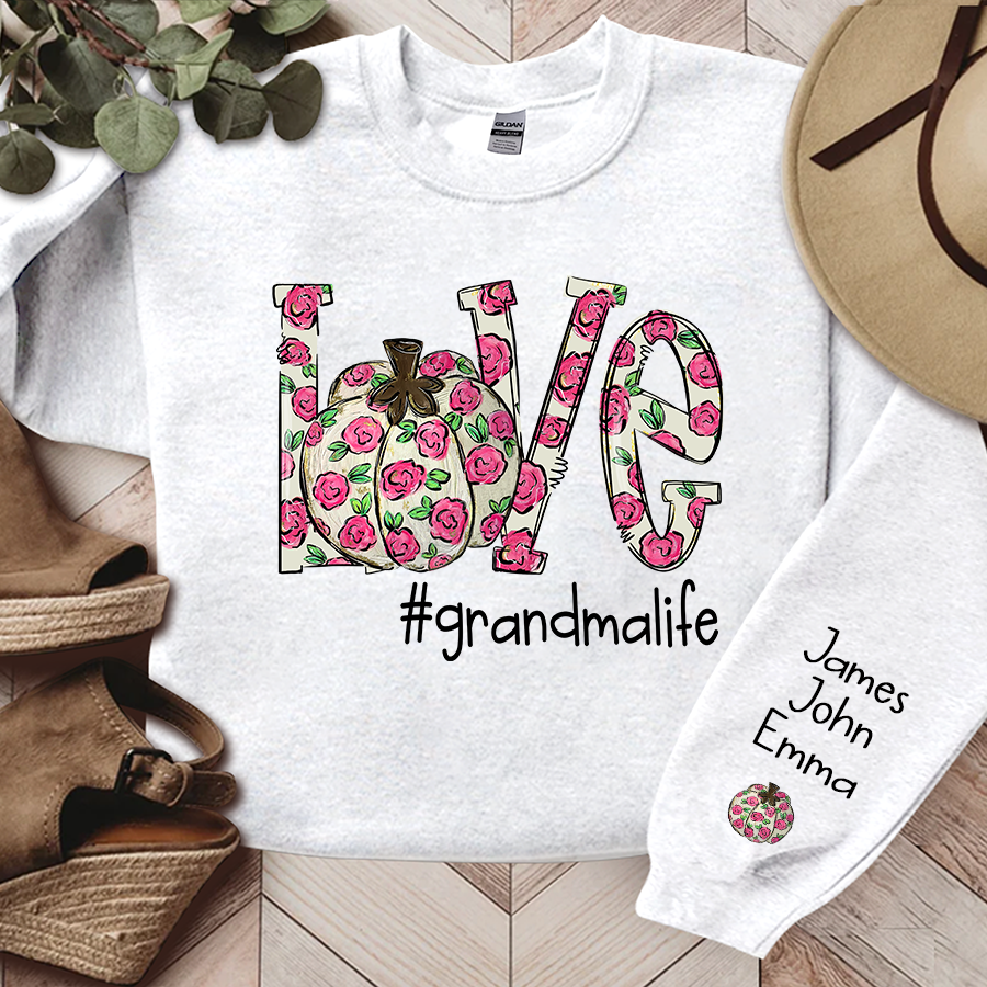 Personalized Love Pumpkin Flower Grandmalife And Grandkids Names Sweatshirt
