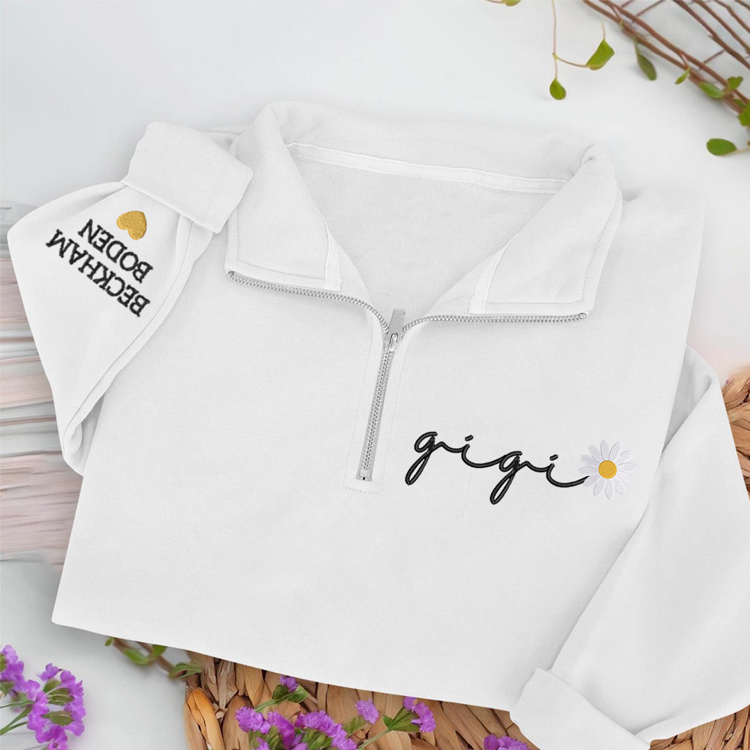 Custom Embroidered Gigi daisy flower Sweatshirt And Grandkids Quarter Zip Sweater