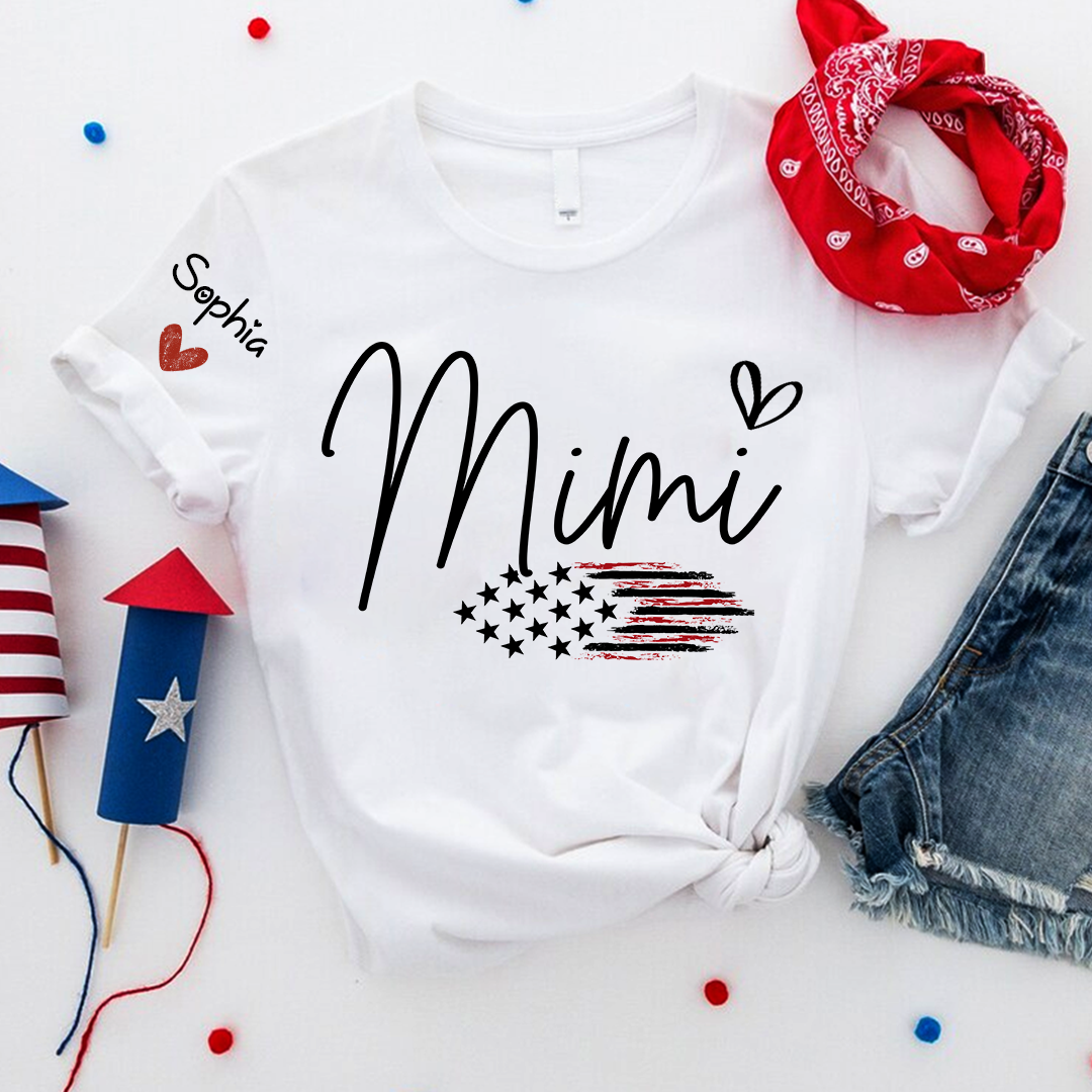 Personalized Mimi American Flag T-Shirt, Custom Design with Name, Patriotic Family Shirt for 4th of July, Gifts for Mother's Day, Birthday