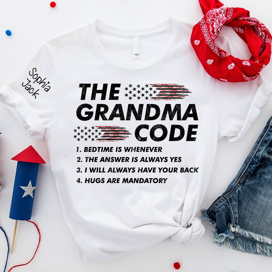 Personalized American Flag 'The Grandma Code' T-Shirt – Custom Mimi, Gigi, Nana Shirts, Fun Gift for Grandparents, Perfect for Mother’s Day and Birthdays