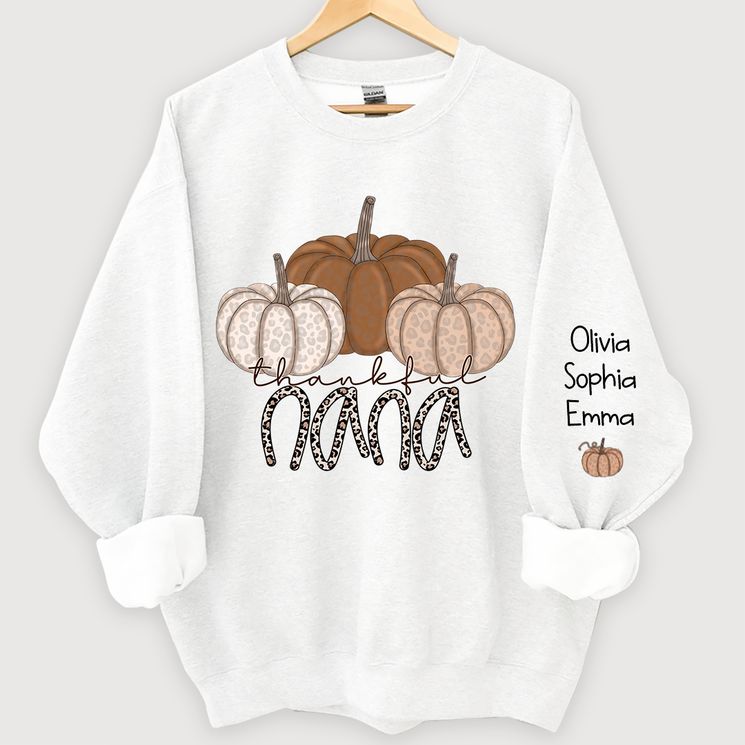 Thankful Nana Pumpkin Leopard and Grandkids on sleeve Sweatshirt