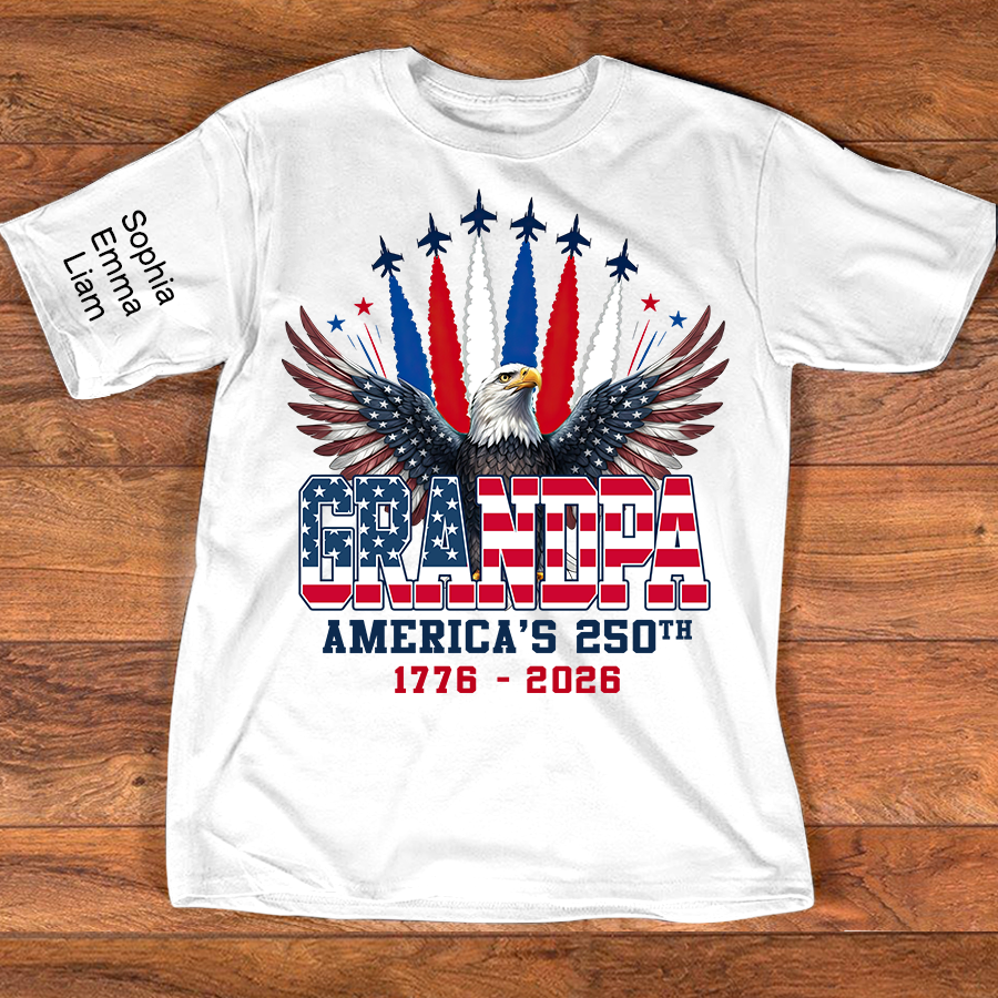 Personalized Grandpa America's 250th Anniversary Shirt Custom Kids Names on Sleeve, Patriotic Eagle Independence Day Shirt, U.S. 250th Anniversary Apparel