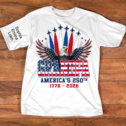 Personalized Grandpa America's 250th Anniversary Shirt Custom Kids Names on Sleeve, Patriotic Eagle Independence Day Shirt, U.S. 250th Anniversary Apparel