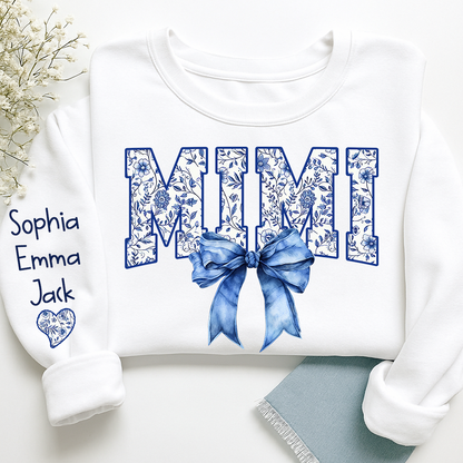Mimi Floral Toile Blue Water Color Coquette Bow Gift For Grandma And Grandkids Sweatshirt