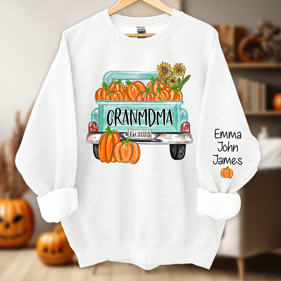 Grandma Truck with Pumpkins Flower Autumn And Grandkids Sweatshirt