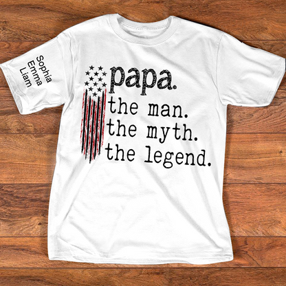 Personalized Papa The Man The Myth The Legend American Flag Shirt with Kids Names, Custom Family Nickname T-Shirt for Dad Fathers Day Gift